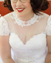 High Neck Modest Cap Sleeves Tea Length 1950s Style Lace Wedding Dress Plus Size,20102819-Dolly Gown